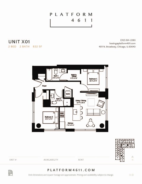 Floor plan for 2 beds, 2 baths, 834 sqft